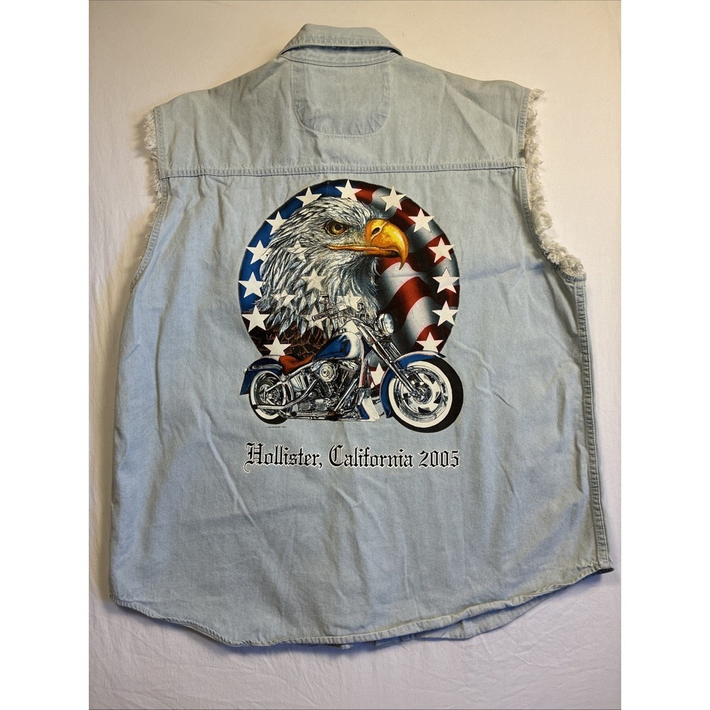 Vintage Biker Hollister American Flag Eagle Motorcycle Cutoff Denim Vest 4XL